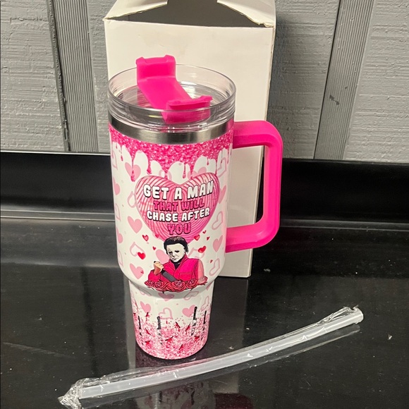 Other - Pink and White Tumbler with Straw